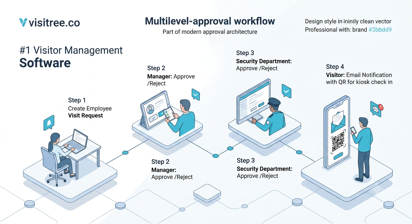 Here is a concise overview of the Multilevel Approval feature: Multilevel Approval is an automated workflow feature that routes request through multiple authorization tiers—such as managers, department heads, and security teams—before final approval. It ensures strict policy compliance, enhances security, and provides complete tracking transparency for every visitor request.
